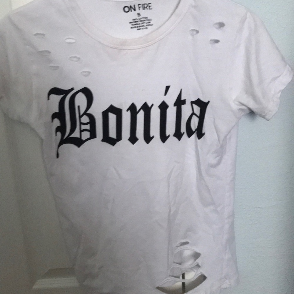 White ripped on fire shirt
